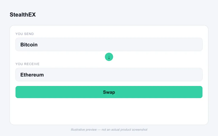 Illustrative swap flow preview for StealthEX - not an actual product screenshot